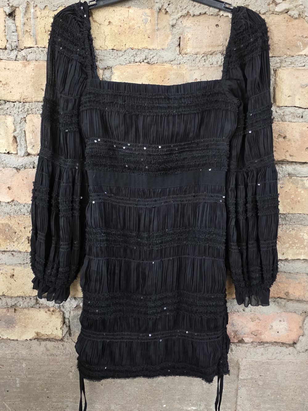 Xueyuanfeng Black Crinkled Sequin Long Sleeve Mini Dress S